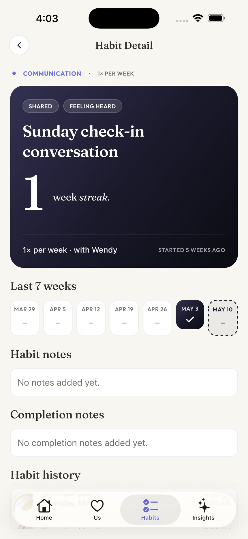 Habit detail — streak card, feeling tags, completion grid