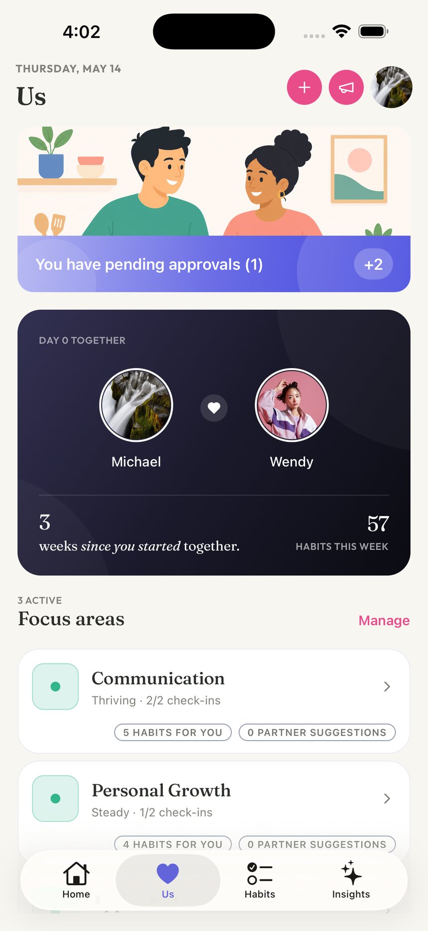 Us tab — shared relationship view with both partners