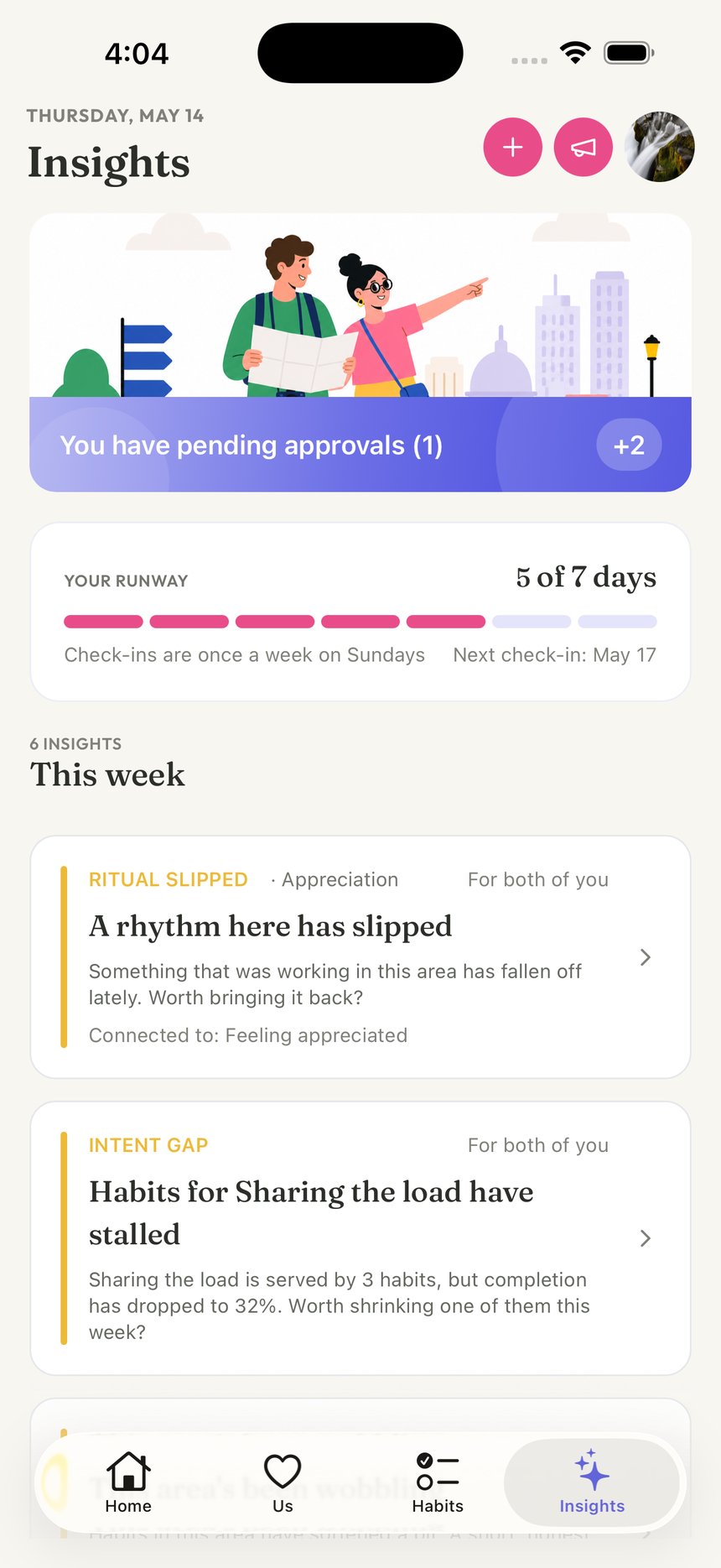 Insights tab — pattern detection over the couple's data