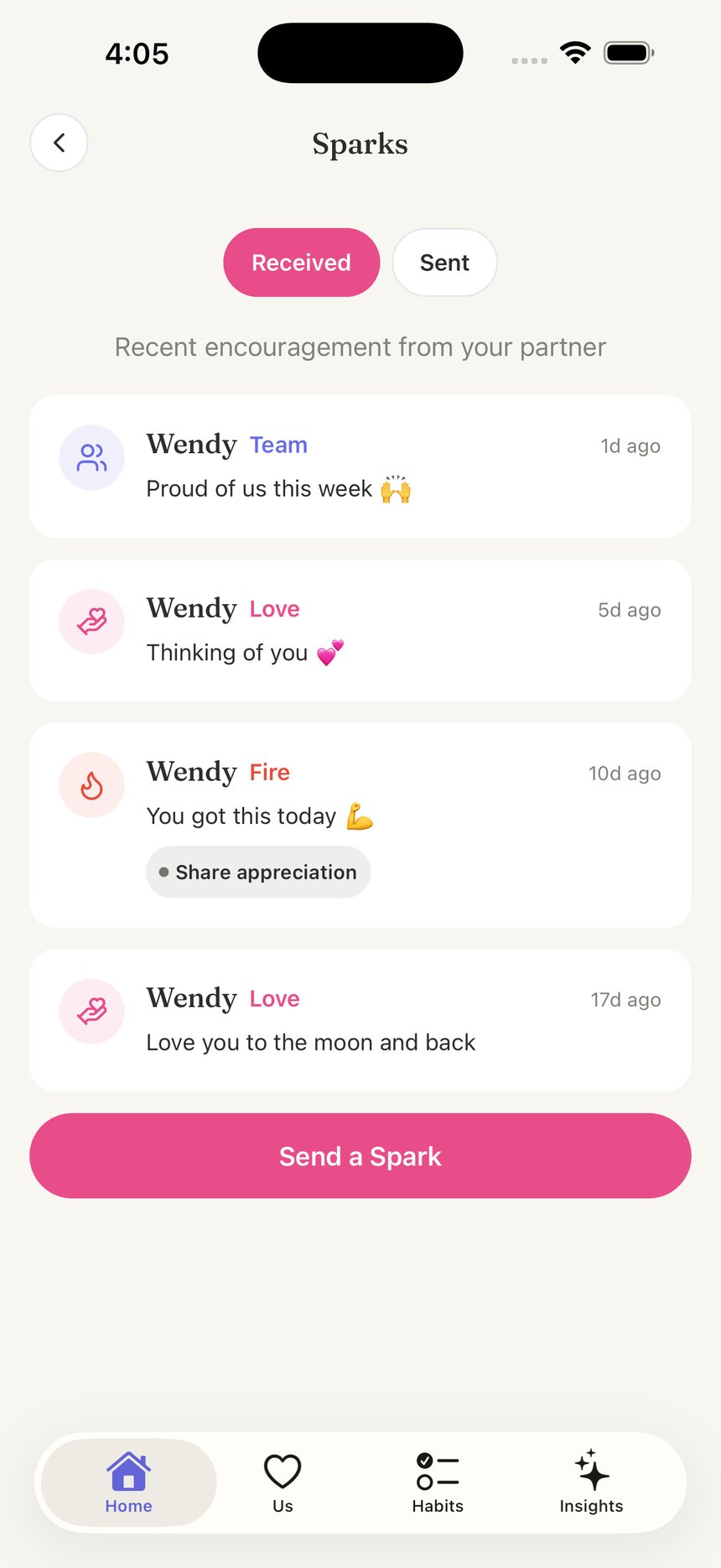 Sparks feed — encouragements received from a partner