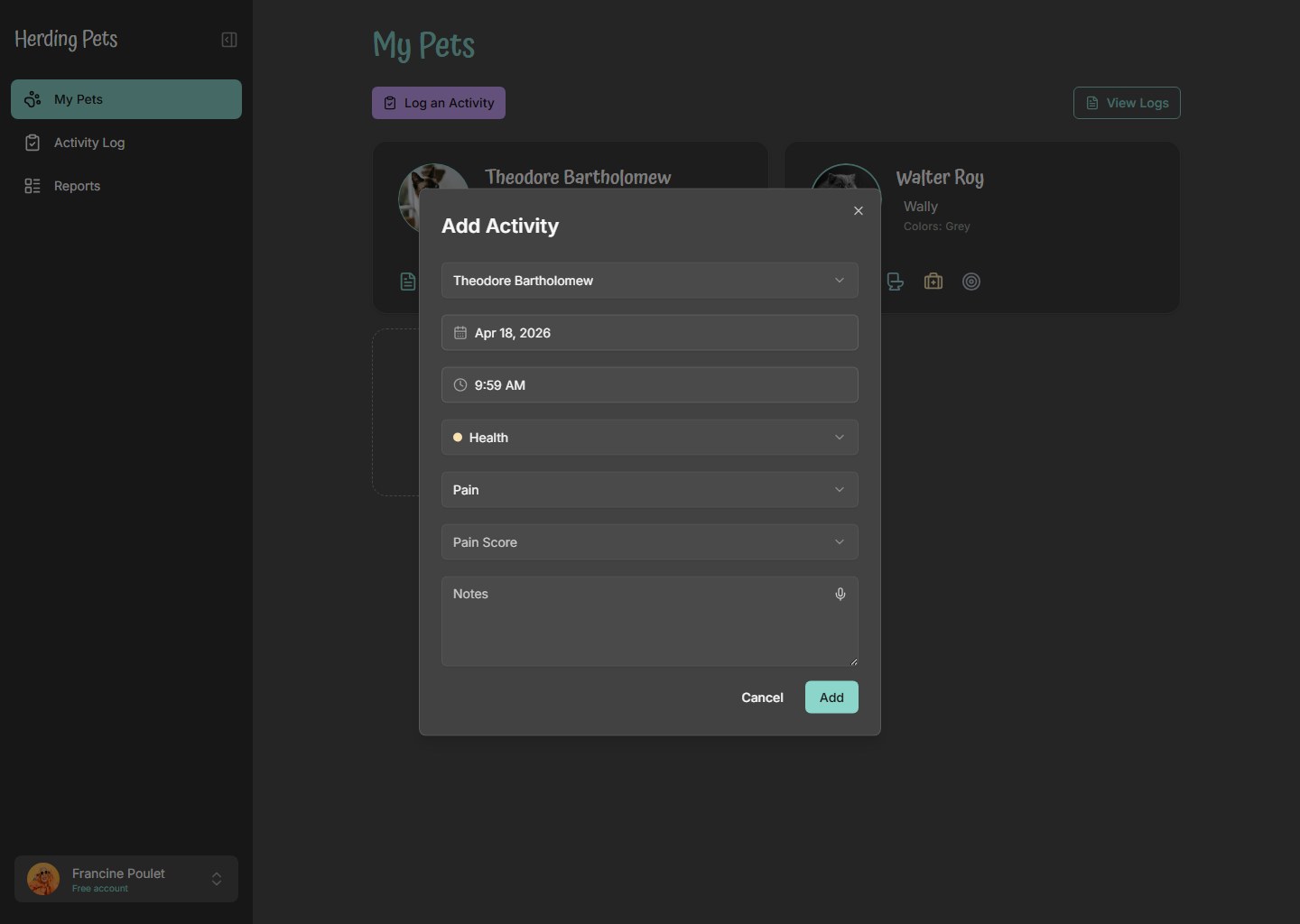 Herding Pets prototype, Add Activity modal: choosing the Health category and Pain type reveals a Pain Score field