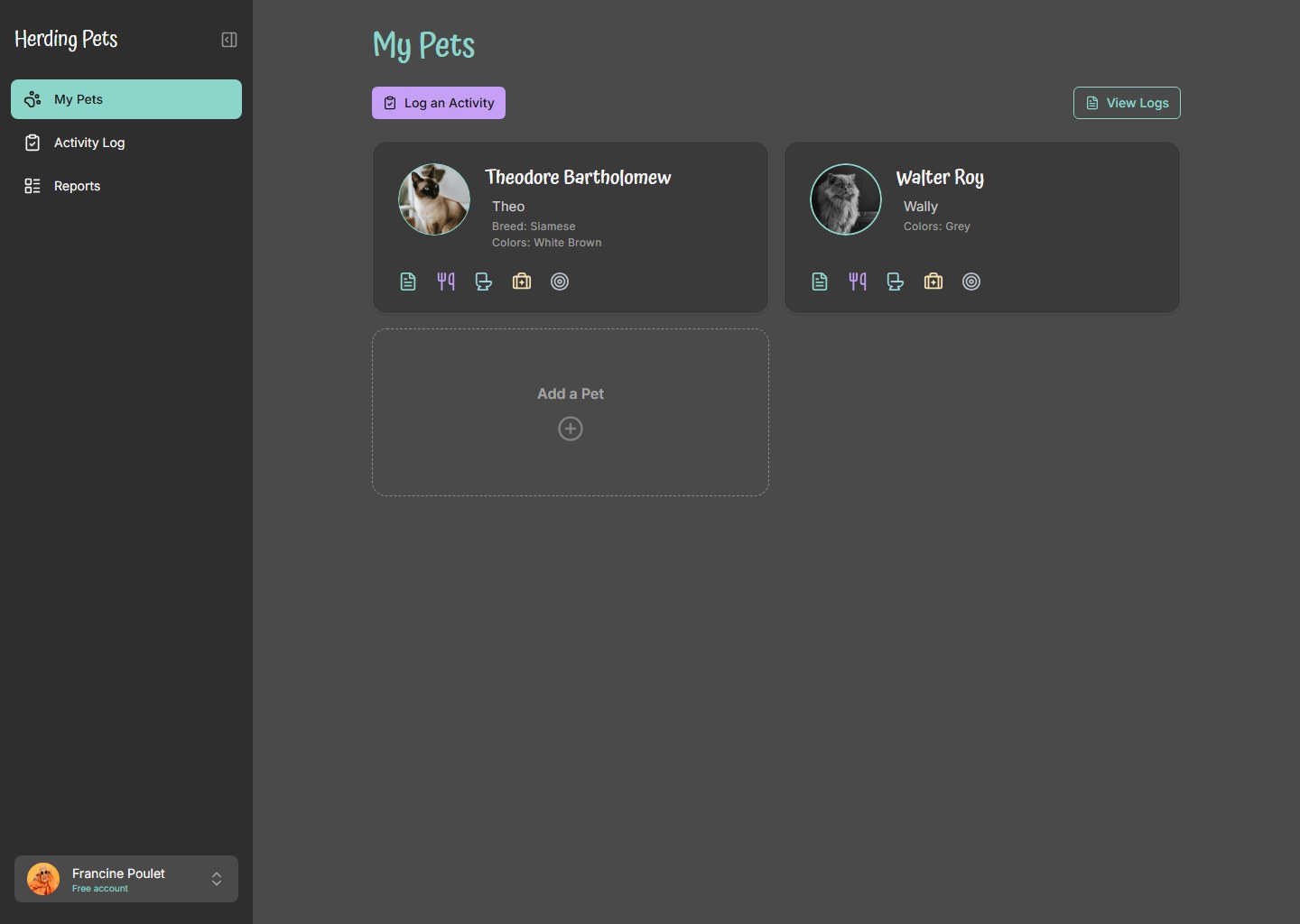 Herding Pets prototype, My Pets dashboard: two pet cards with quick-log shortcuts and an Add a Pet card