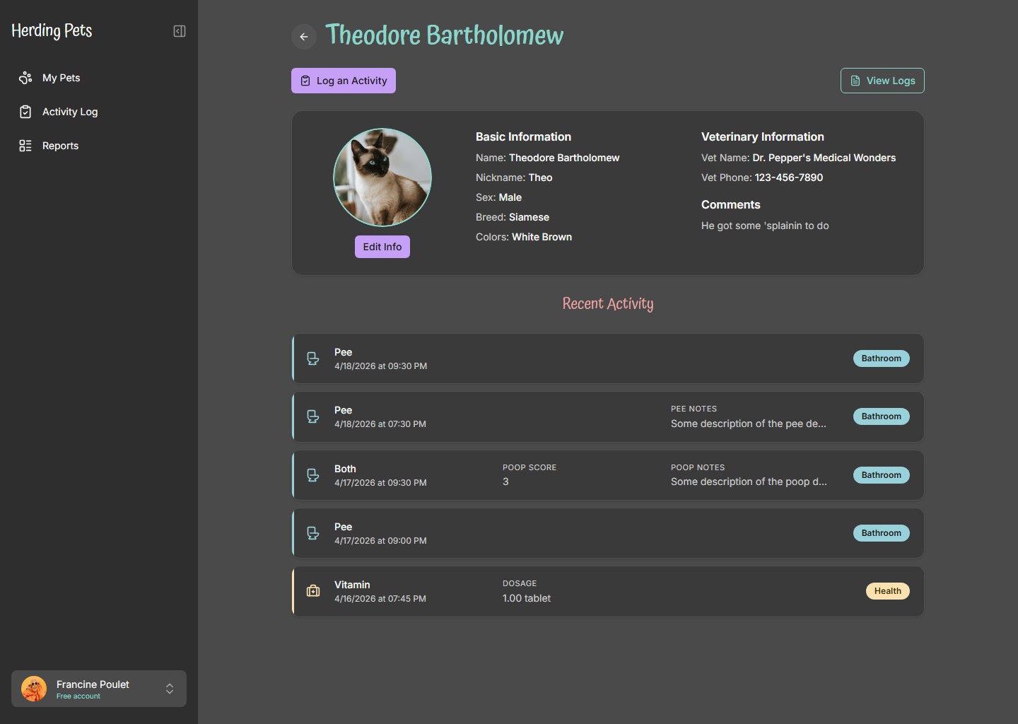 Herding Pets prototype, pet profile: basic and veterinary information beside a running activity timeline