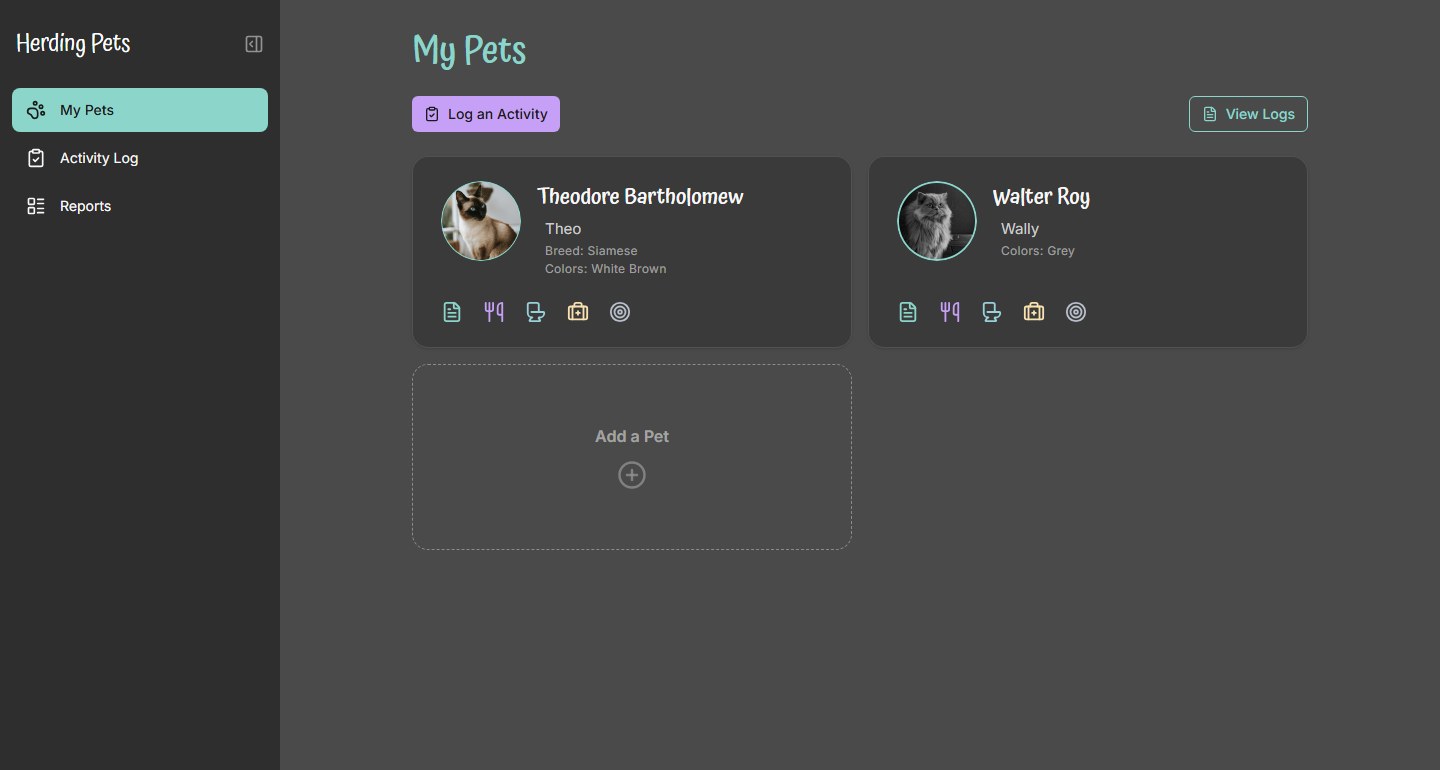 Herding Pets, pet health app prototype dashboard with two pet cards