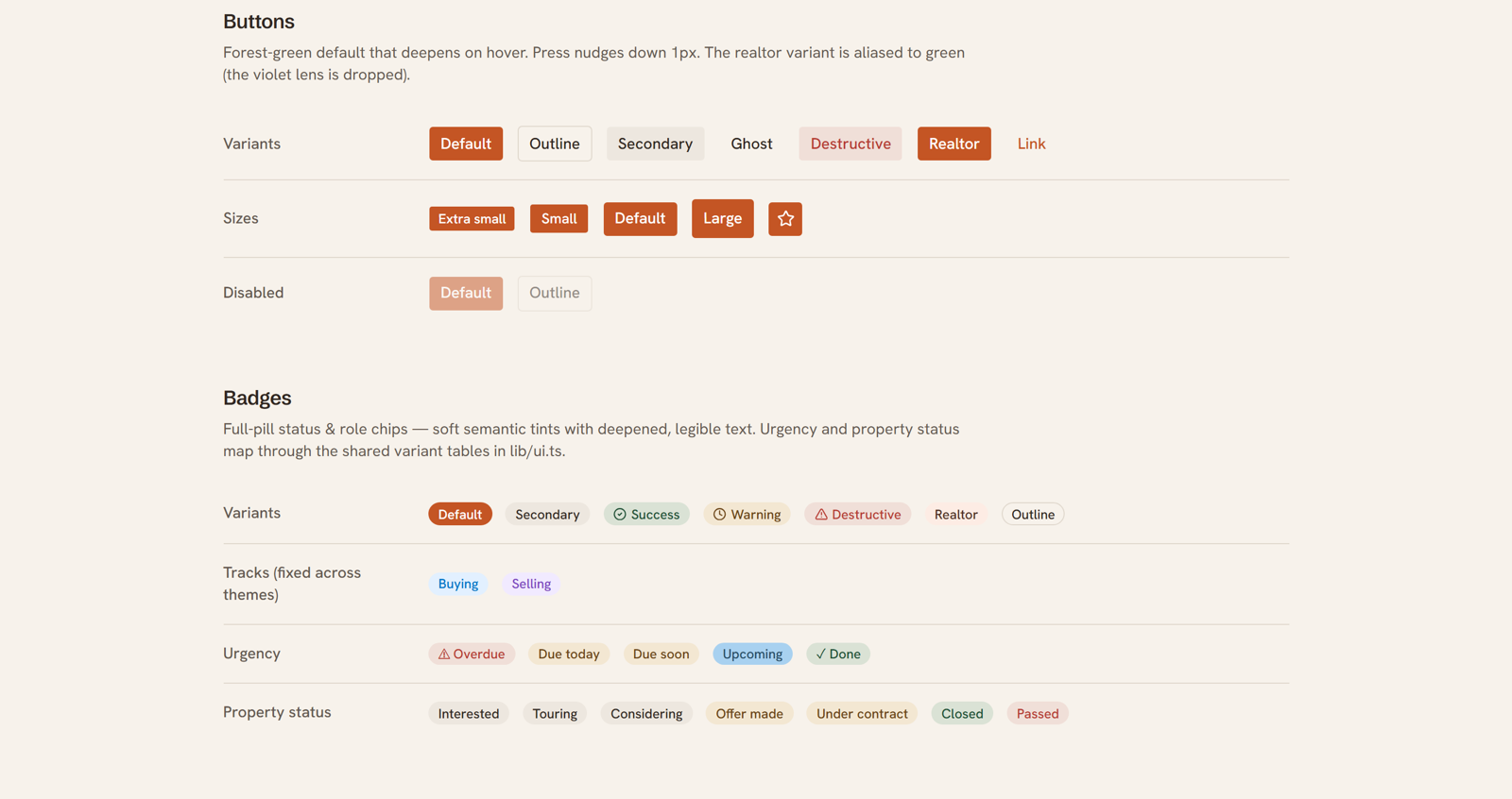 HomeJourneyHQ buttons and badges: button variants, sizes, and states with the green-aliased realtor variant, plus status, role, track, urgency, and property-status badge pills