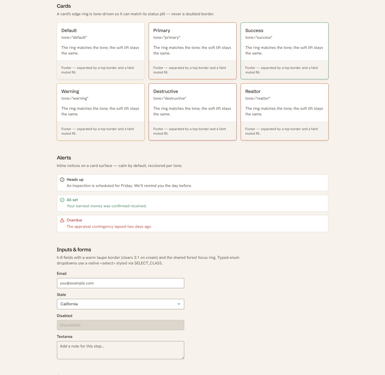 HomeJourneyHQ cards, alerts, and form inputs: tone-driven card edge rings, calm recolored alerts, and warm taupe inputs with a forest focus ring