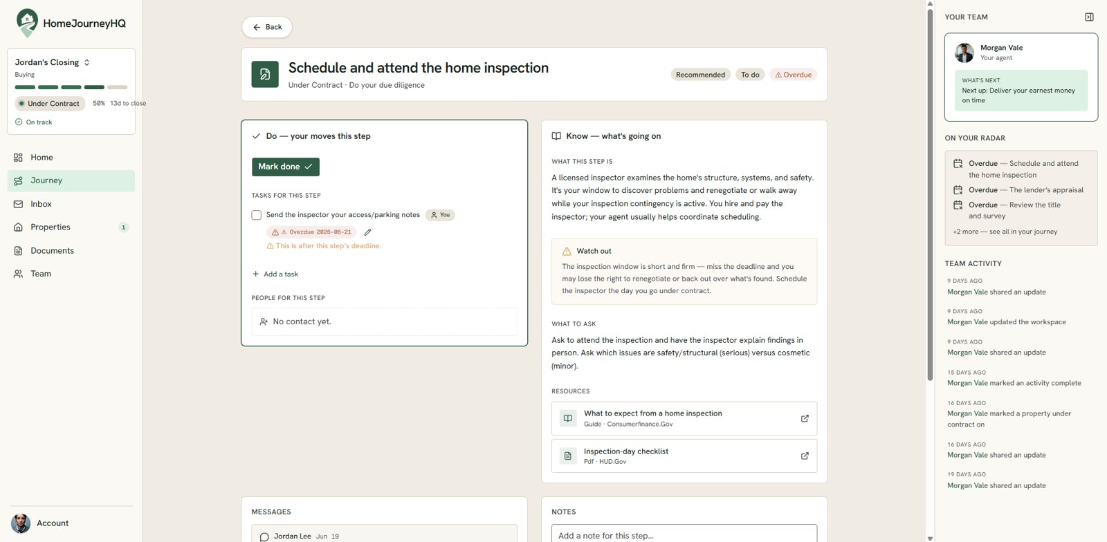 HomeJourneyHQ journey step detail: a step titled Schedule and attend the home inspection split into a Do column of concrete moves and a Know column explaining what is going on, with messages and notes below