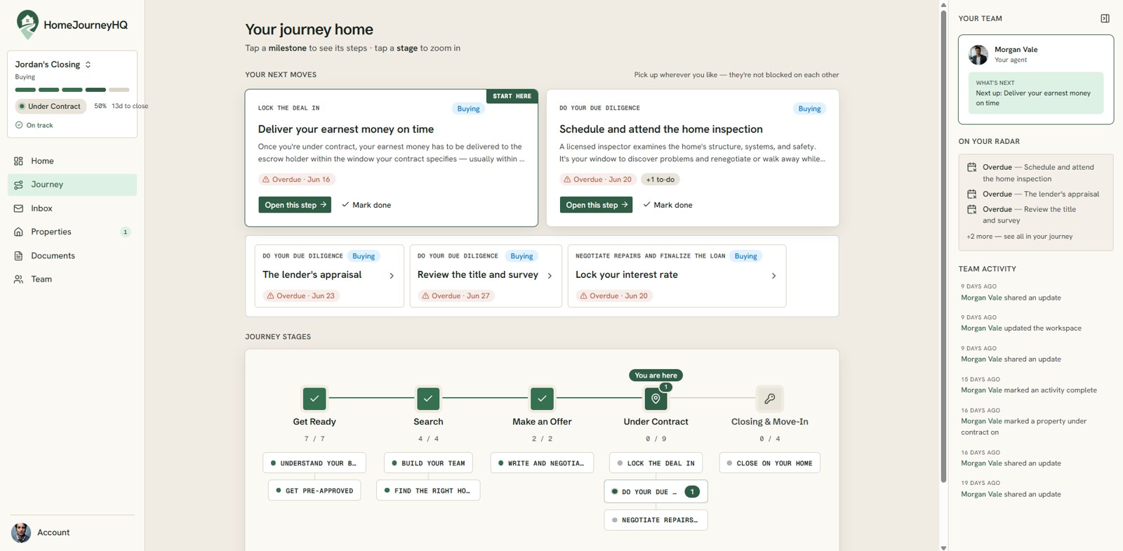 HomeJourneyHQ journey home: a Your next moves panel of step cards above a horizontal journey-stages tracker from Get Ready through Closing and Move In, with a team and radar rail on the right