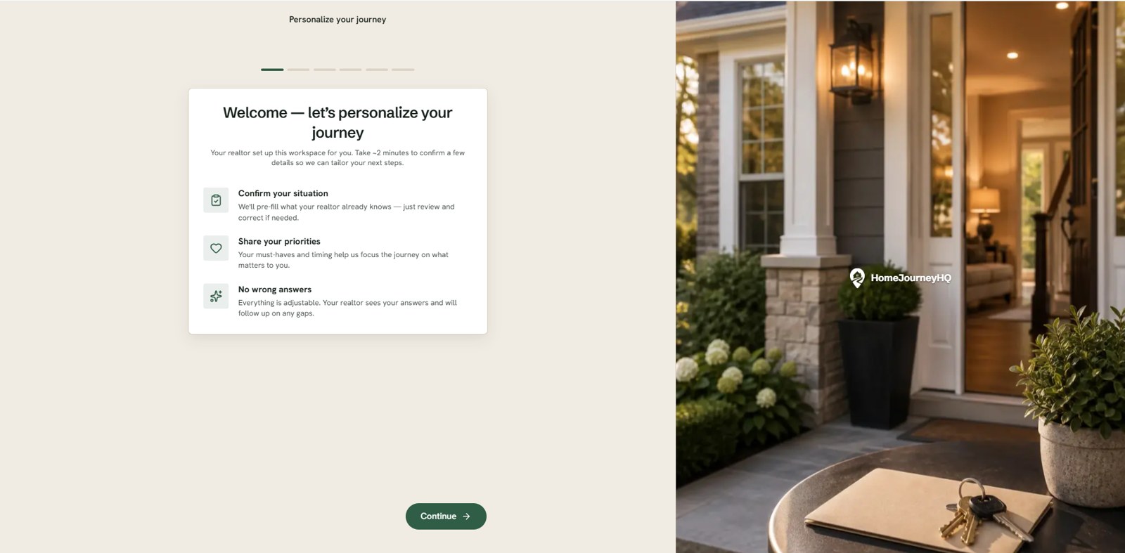 HomeJourneyHQ onboarding: a split screen with a Welcome, let's personalize your journey card on the left and warm home photography on the right