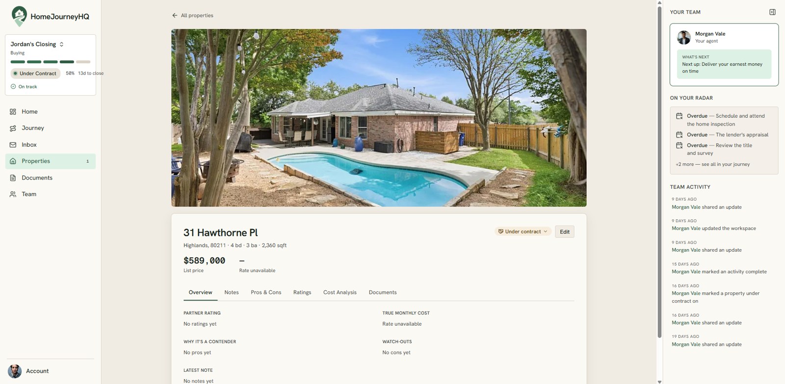 HomeJourneyHQ property detail: a listing photo and address above tabs for overview, notes, pros and cons, and a real cost analysis