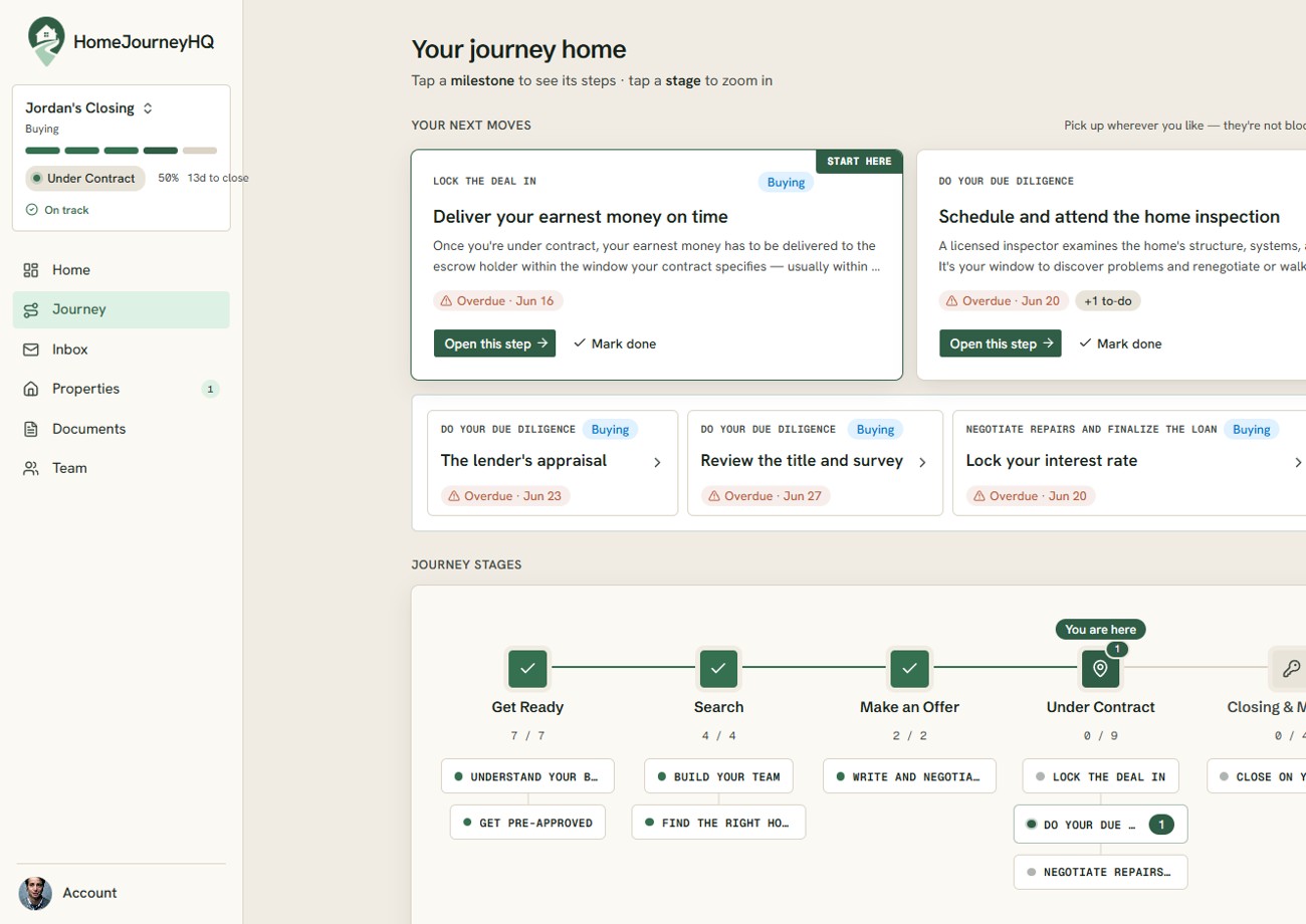 HomeJourneyHQ journey home screen in the app's warm cream and green interface