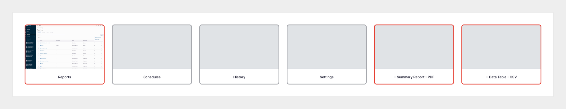 Reporting section cards. The report list passes while PDF and CSV export are flagged red